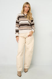 Stylish Khaki, Pink & Dark Brown Striped Knit Sweater