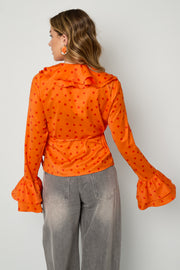 Elegant Orange Polka Dot Ruffle Trim Long Sleeve Top