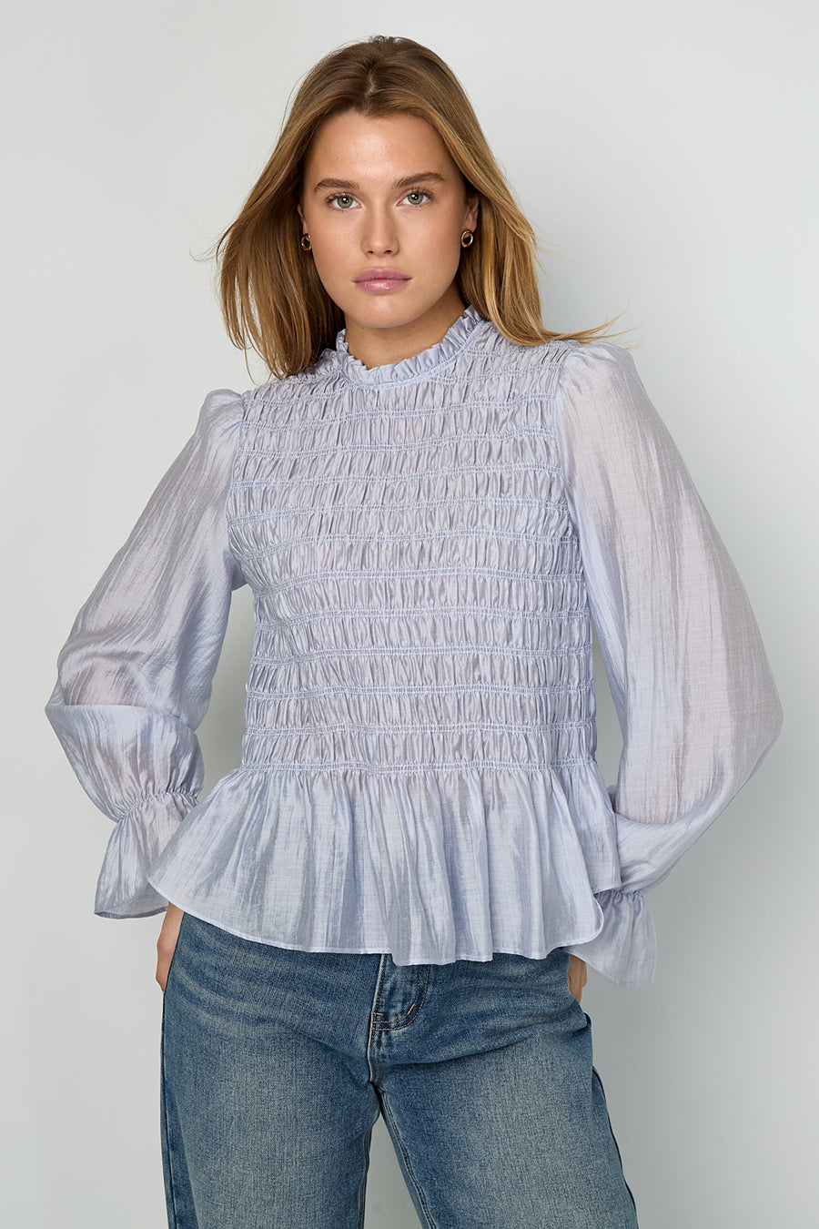 Elegant Spring/Summer Long Sleeve Top in Baby Blue & Off-White