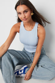Chic Spring/Summer Sleeveless Knit Top in Baby Blue, Dark Khaki & Light Purple