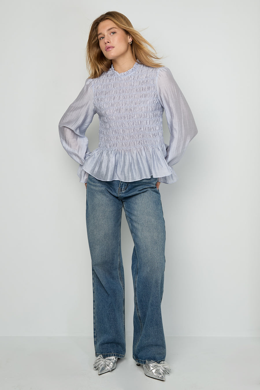 Elegant Spring/Summer Long Sleeve Top in Baby Blue & Off-White