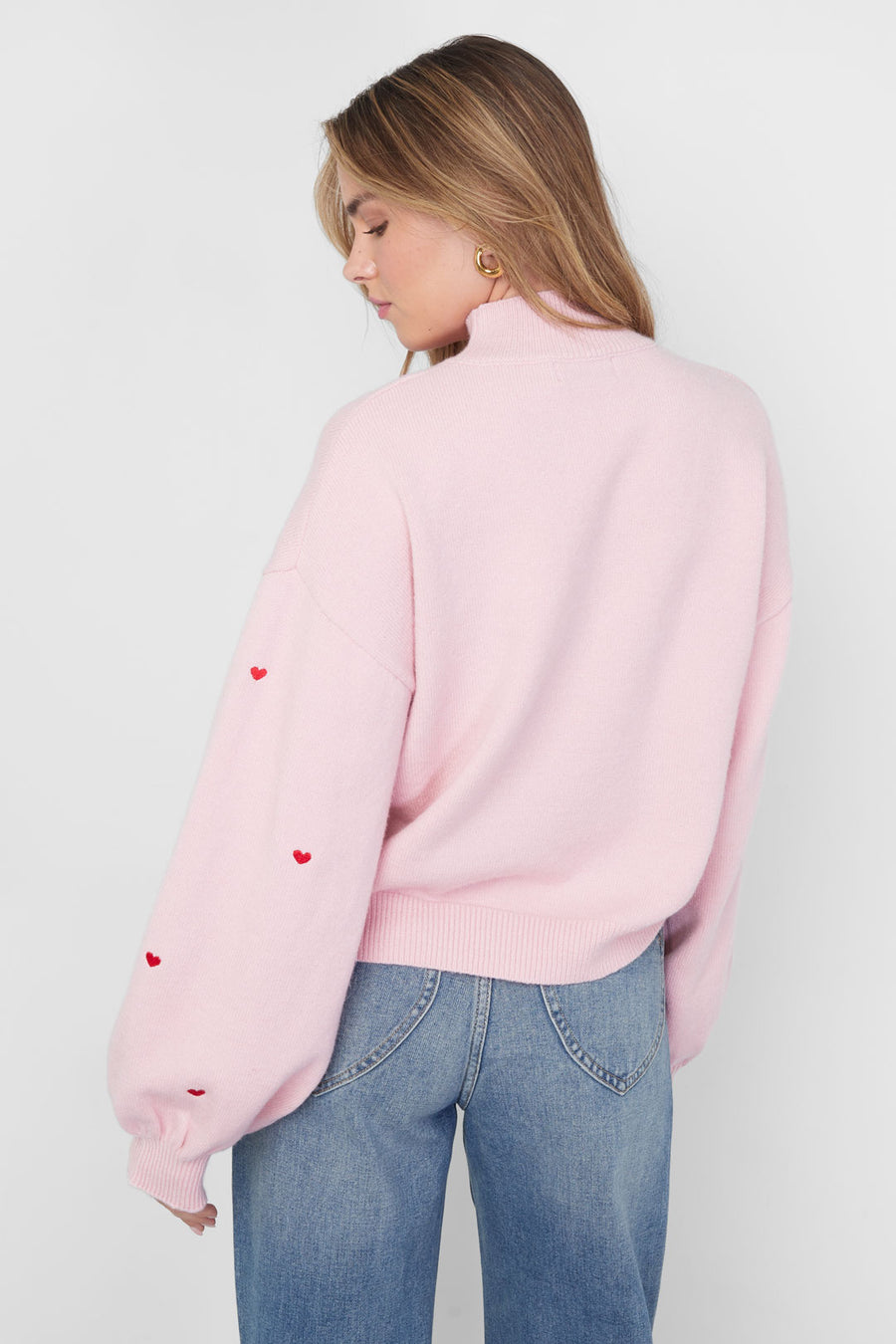 Chic Heart-Knit Sweater in Pink and Off-White
