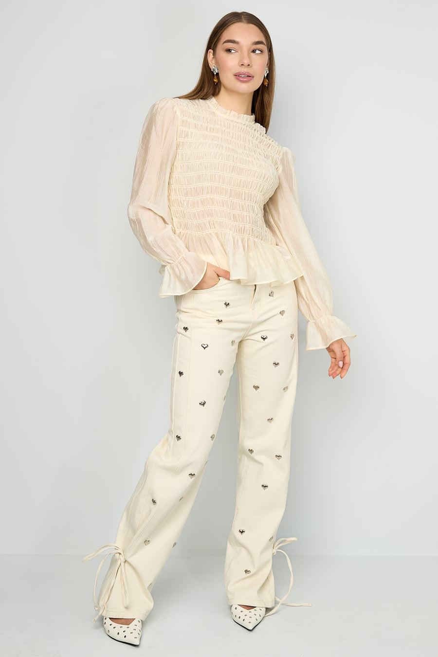 Elegant Spring/Summer Long Sleeve Top in Baby Blue & Off-White